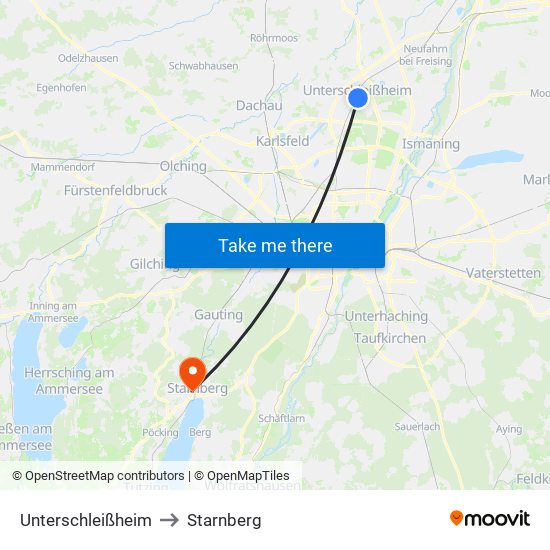 Unterschleißheim to Starnberg map