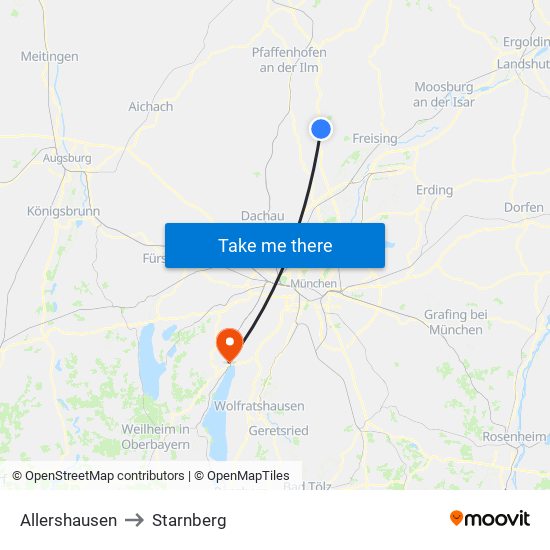 Allershausen to Starnberg map