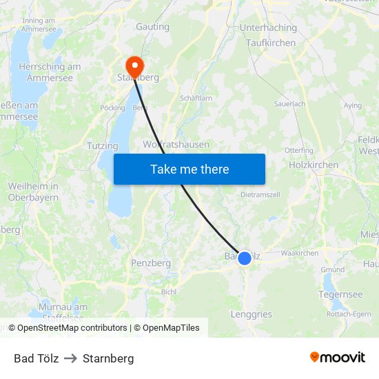 Bad Tölz to Starnberg map