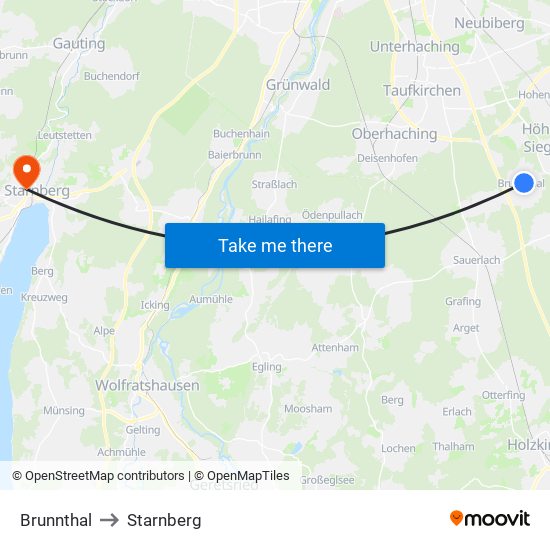 Brunnthal to Starnberg map