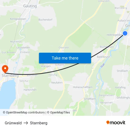 Grünwald to Starnberg map