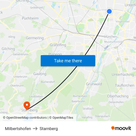Milbertshofen to Starnberg map