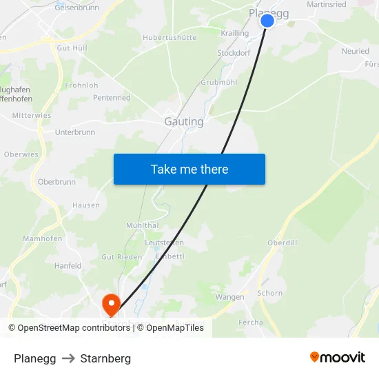 Planegg to Starnberg map