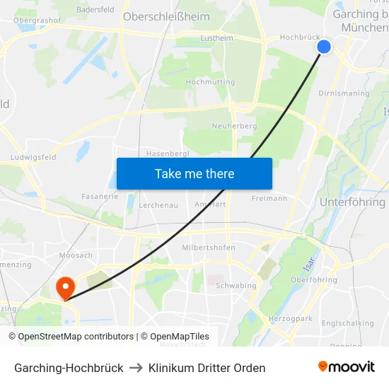 Garching-Hochbrück to Klinikum Dritter Orden map