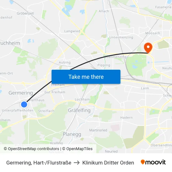 Germering, Hart-/Flurstraße to Klinikum Dritter Orden map