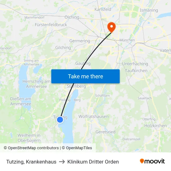 Tutzing, Krankenhaus to Klinikum Dritter Orden map