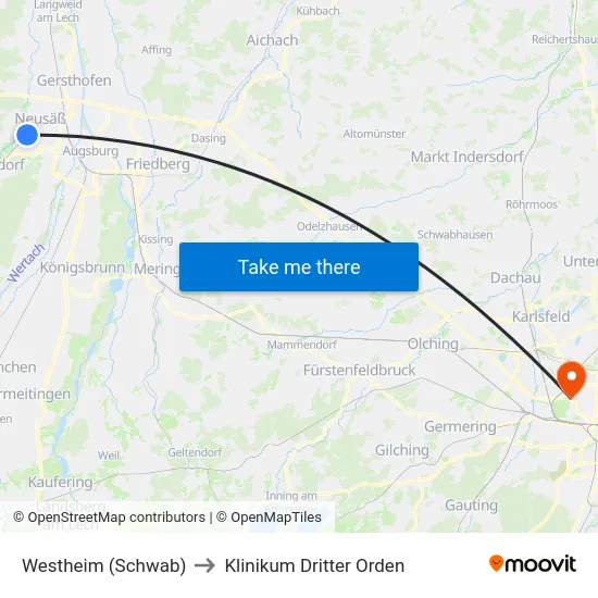 Westheim (Schwab) to Klinikum Dritter Orden map