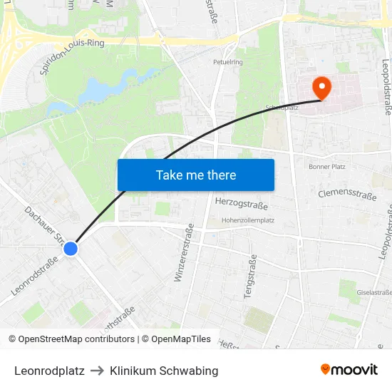 Leonrodplatz to Klinikum Schwabing map