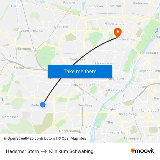 Haderner Stern to Klinikum Schwabing map