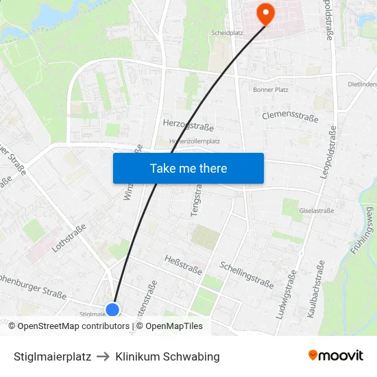 Stiglmaierplatz to Klinikum Schwabing map