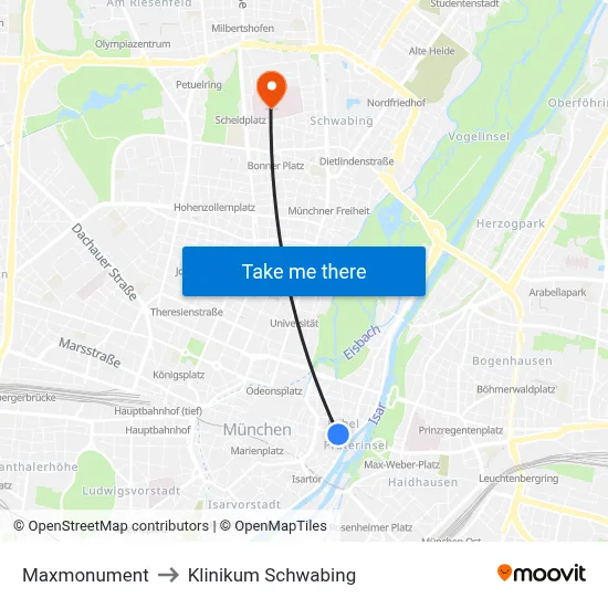 Maxmonument to Klinikum Schwabing map