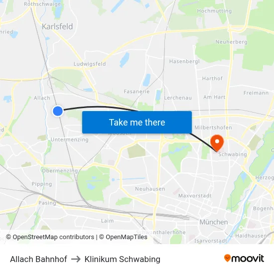 Allach Bahnhof to Klinikum Schwabing map