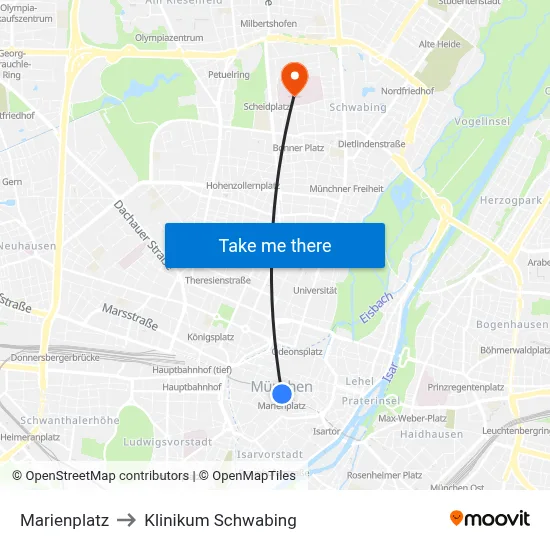 Marienplatz to Klinikum Schwabing map