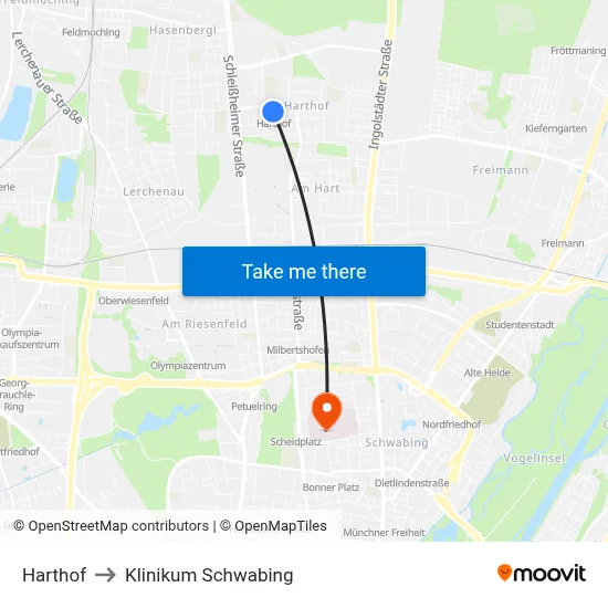 Harthof to Klinikum Schwabing map
