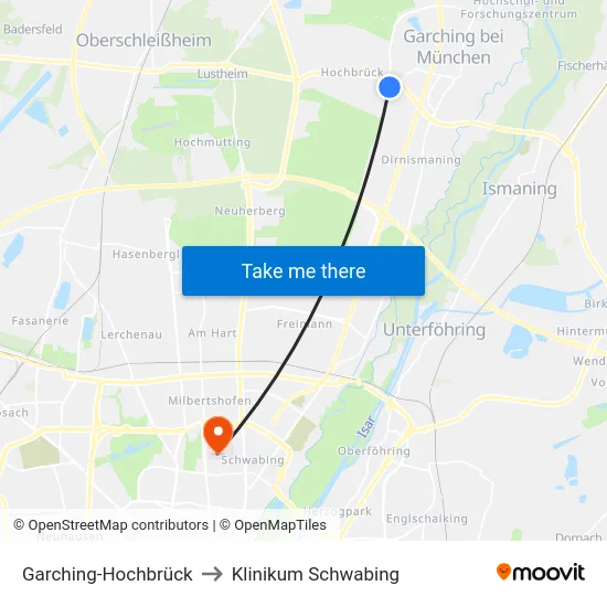 Garching-Hochbrück to Klinikum Schwabing map