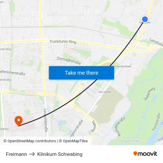 Freimann to Klinikum Schwabing map