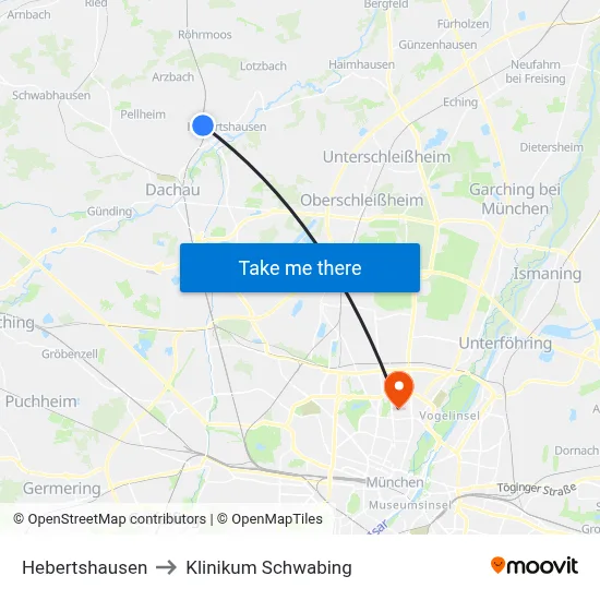 Hebertshausen to Klinikum Schwabing map