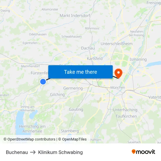 Buchenau to Klinikum Schwabing map