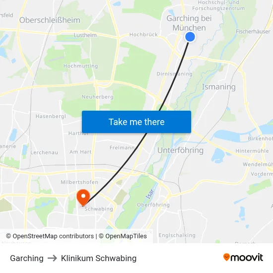 Garching to Klinikum Schwabing map