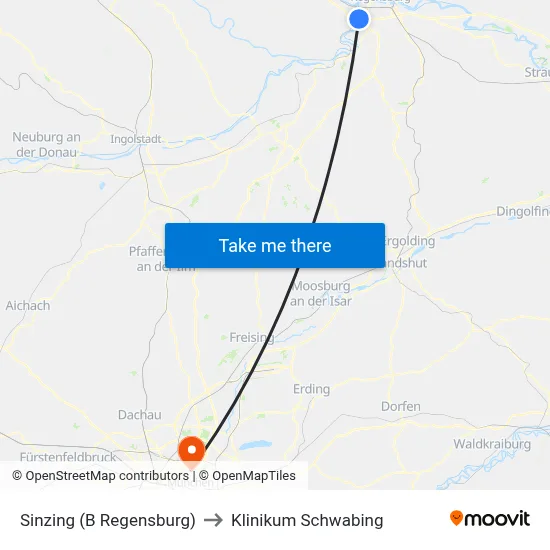 Sinzing (B Regensburg) to Klinikum Schwabing map