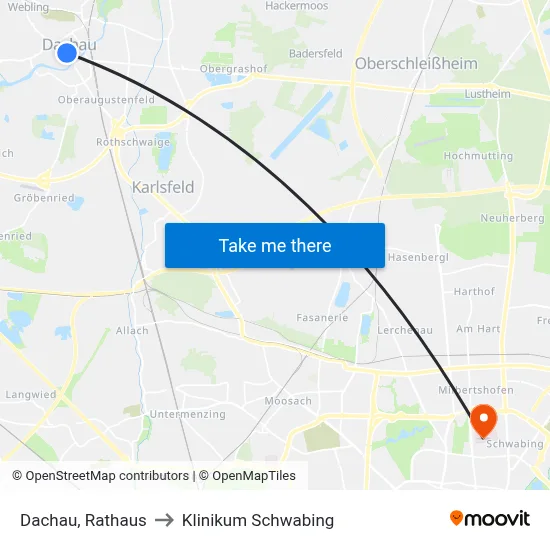 Dachau, Rathaus to Klinikum Schwabing map