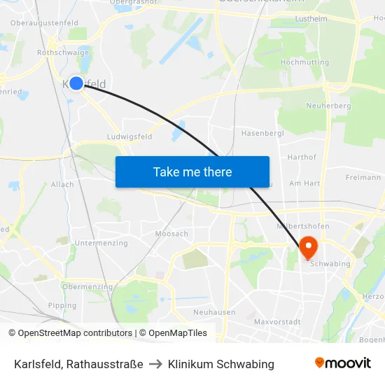 Karlsfeld, Rathausstraße to Klinikum Schwabing map