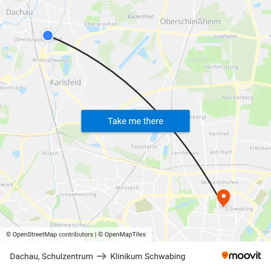Dachau, Schulzentrum to Klinikum Schwabing map