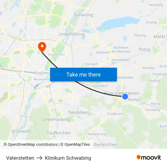 Vaterstetten to Klinikum Schwabing map