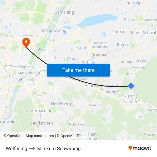 Wolfesing to Klinikum Schwabing map