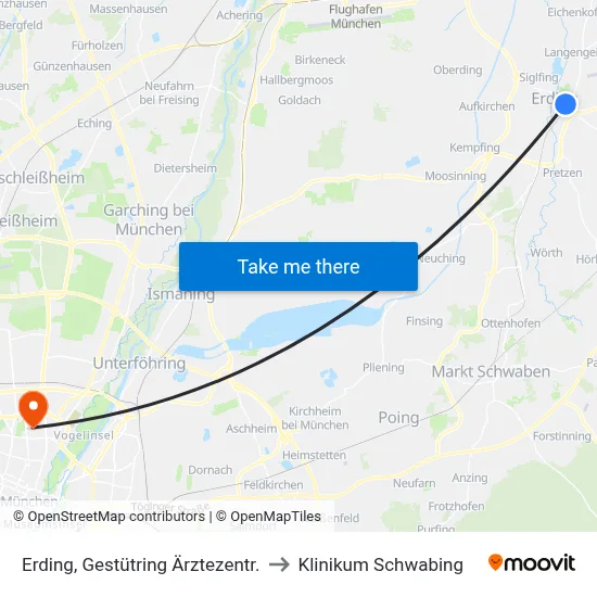 Erding, Gestütring Ärztezentr. to Klinikum Schwabing map