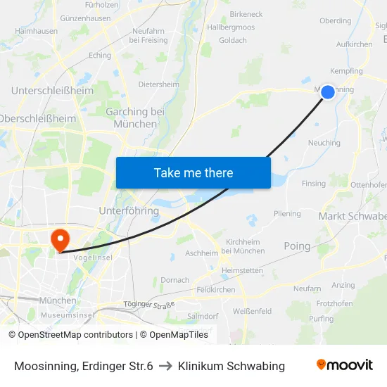 Moosinning, Erdinger Str.6 to Klinikum Schwabing map