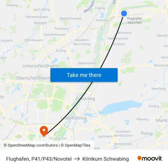 Flughafen, P41/P43/Novotel to Klinikum Schwabing map