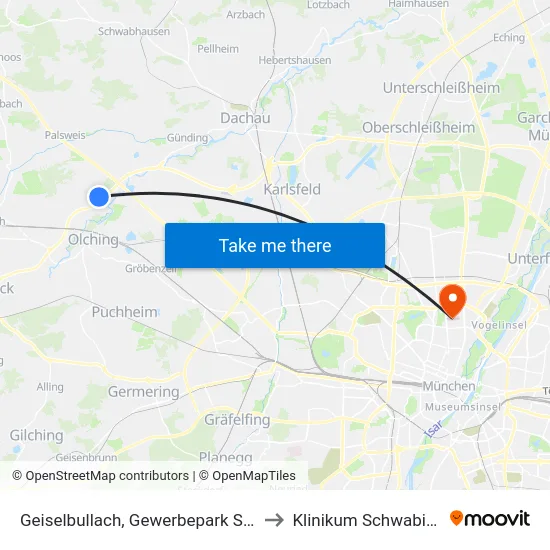 Geiselbullach, Gewerbepark Süd to Klinikum Schwabing map