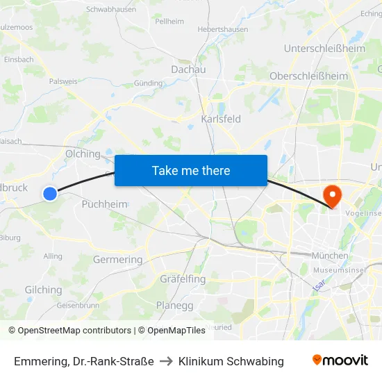 Emmering, Dr.-Rank-Straße to Klinikum Schwabing map