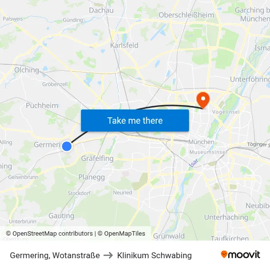 Germering, Wotanstraße to Klinikum Schwabing map