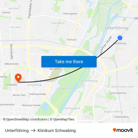 Unterföhring to Klinikum Schwabing map
