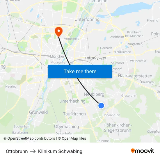 Ottobrunn to Klinikum Schwabing map