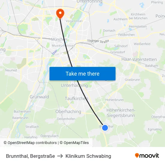 Brunnthal, Bergstraße to Klinikum Schwabing map