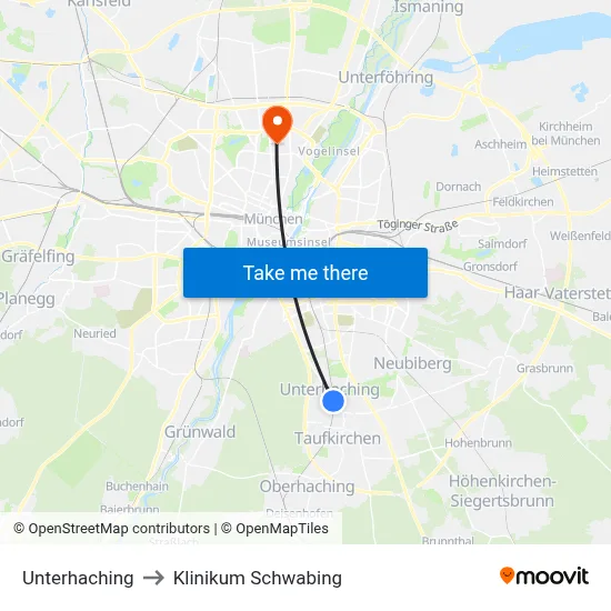 Unterhaching to Klinikum Schwabing map