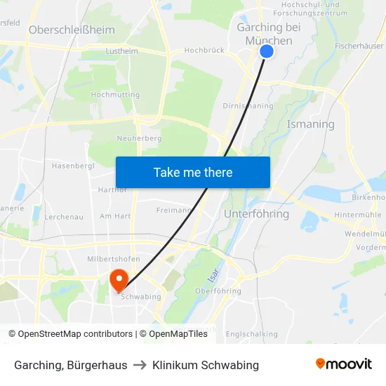 Garching, Bürgerhaus to Klinikum Schwabing map