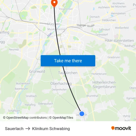 Sauerlach to Klinikum Schwabing map