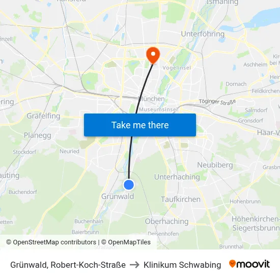 Grünwald, Robert-Koch-Straße to Klinikum Schwabing map