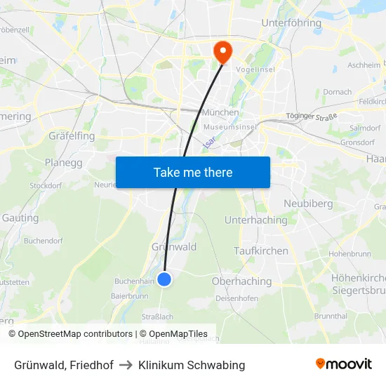 Grünwald, Friedhof to Klinikum Schwabing map