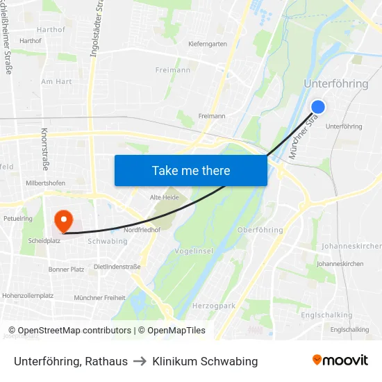 Unterföhring, Rathaus to Klinikum Schwabing map