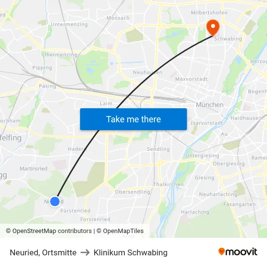 Neuried, Ortsmitte to Klinikum Schwabing map