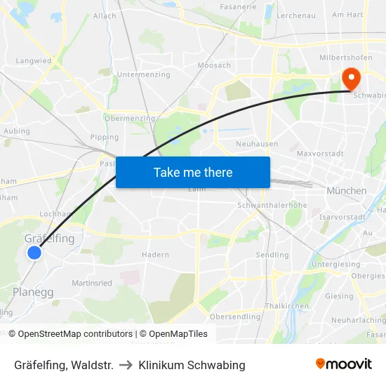 Gräfelfing, Waldstr. to Klinikum Schwabing map