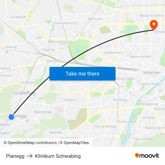 Planegg to Klinikum Schwabing map