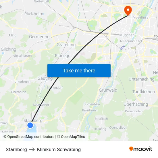 Starnberg to Klinikum Schwabing map