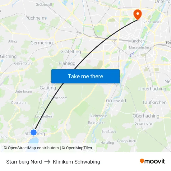 Starnberg Nord to Klinikum Schwabing map