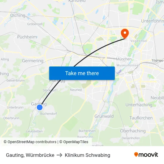 Gauting, Würmbrücke to Klinikum Schwabing map
